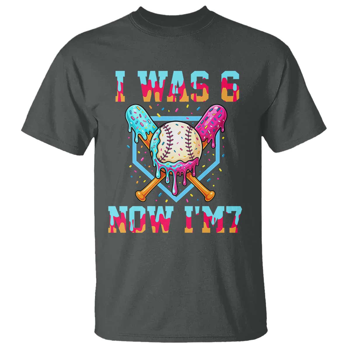 I Was 6 Now I'm 7 T Shirt Baseball Ice Cream Drip Number 67 Player 67th Birthday TS14 Dark Heather Print Your Wear