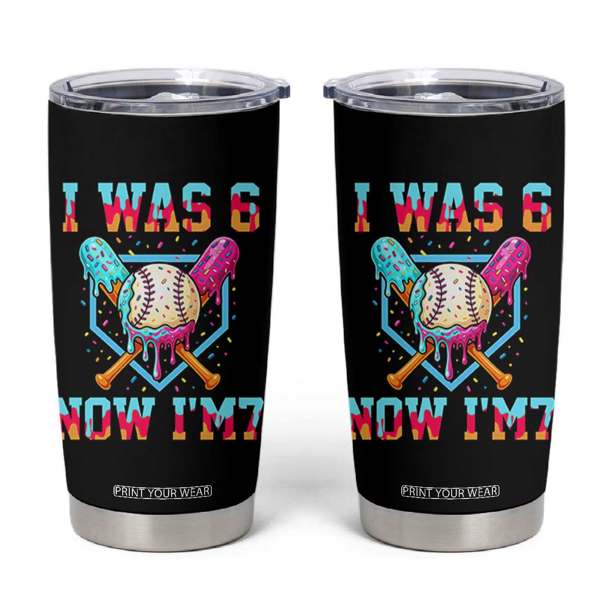 I Was 6 Now I'm 7 Tumbler Cup Baseball Ice Cream Drip Number 67 Player 67th Birthday TS14 Black Print Your Wear
