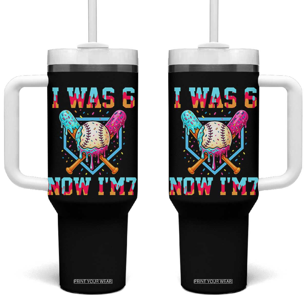 I Was 6 Now I'm 7 Tumbler With Handle Baseball Ice Cream Drip Number 67 Player 67th Birthday TS14 One Size: 40 oz Black Print Your Wear