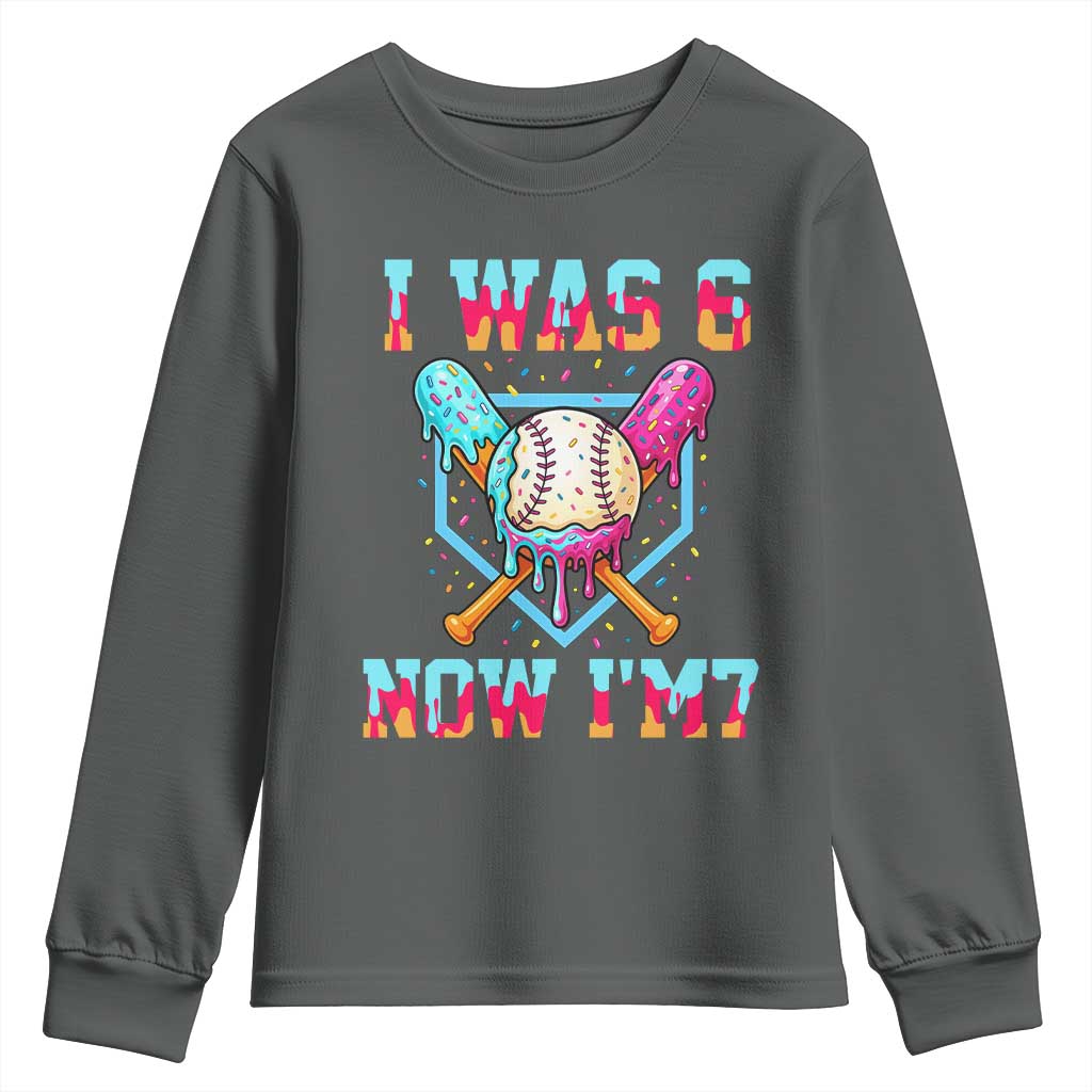 I Was 6 Now I'm 7 Youth Sweatshirt Baseball Ice Cream Drip Number 67 Player 67th Birthday TS14 Dark Heather Print Your Wear