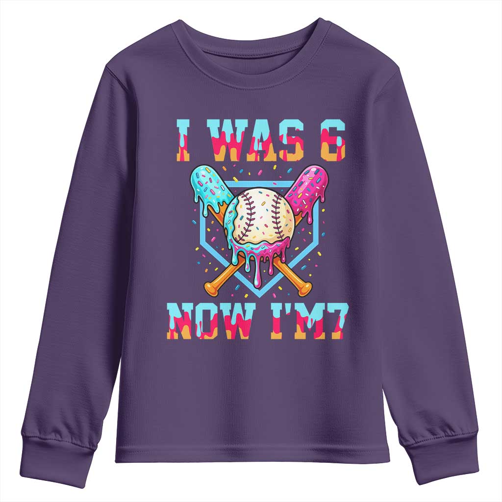 I Was 6 Now I'm 7 Youth Sweatshirt Baseball Ice Cream Drip Number 67 Player 67th Birthday TS14 Purple Print Your Wear