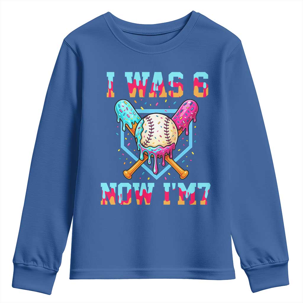 I Was 6 Now I'm 7 Youth Sweatshirt Baseball Ice Cream Drip Number 67 Player 67th Birthday TS14 Royal Blue Print Your Wear