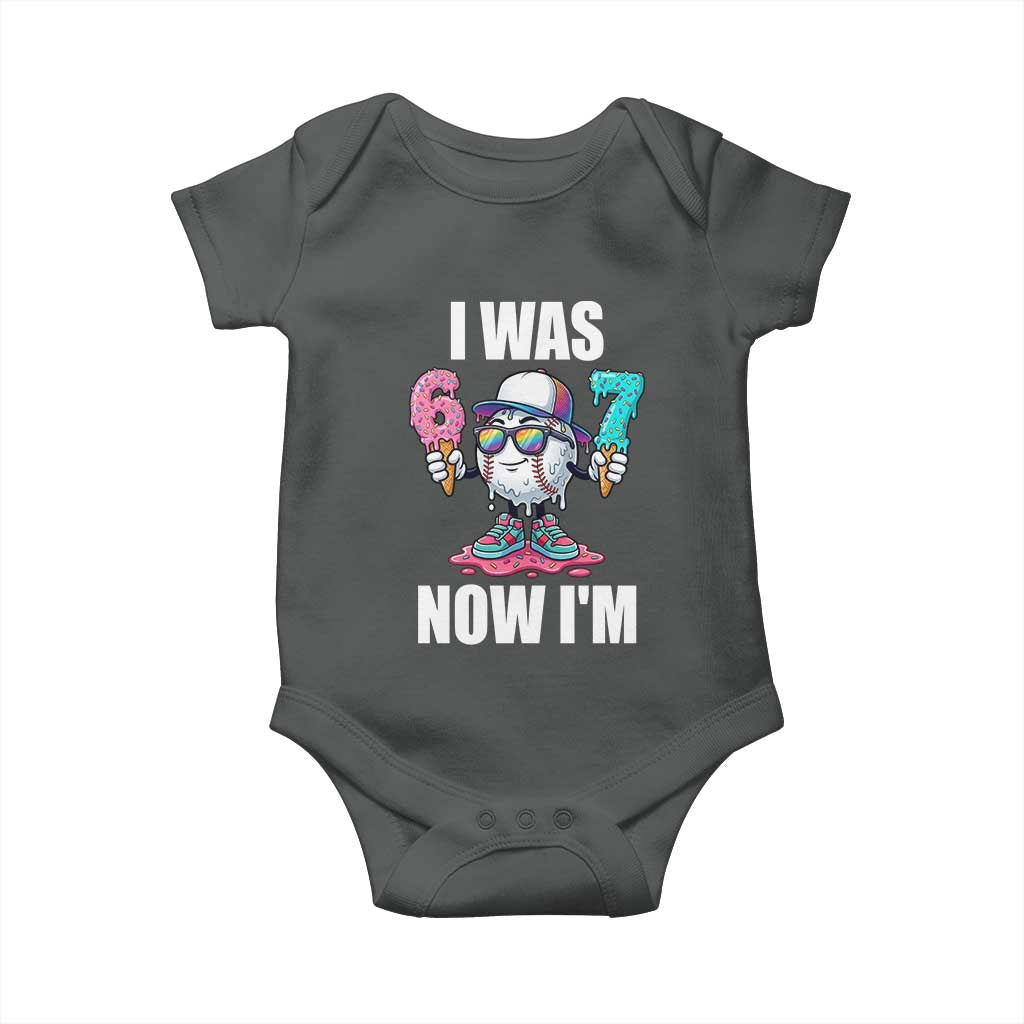 I Was 6 Now I'm 7 Baby Onesie Baseball Ice Cream Drip Number 67 Player TS14 Dark Heather Print Your Wear