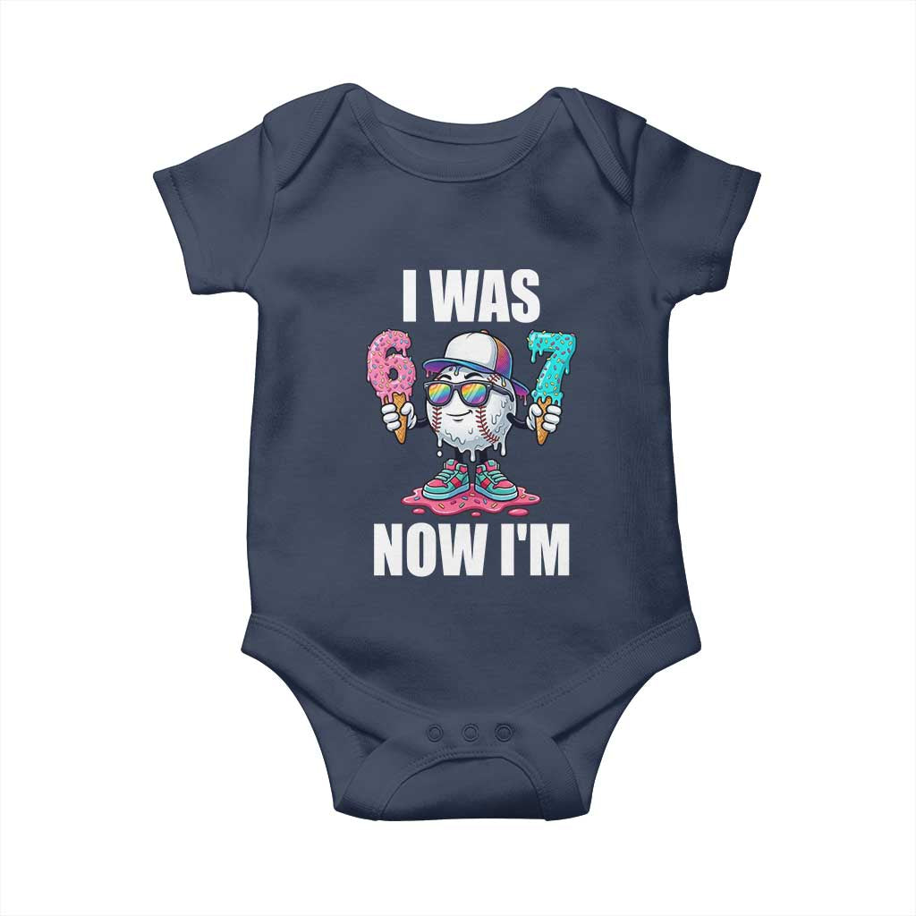 I Was 6 Now I'm 7 Baby Onesie Baseball Ice Cream Drip Number 67 Player TS14 Navy Print Your Wear