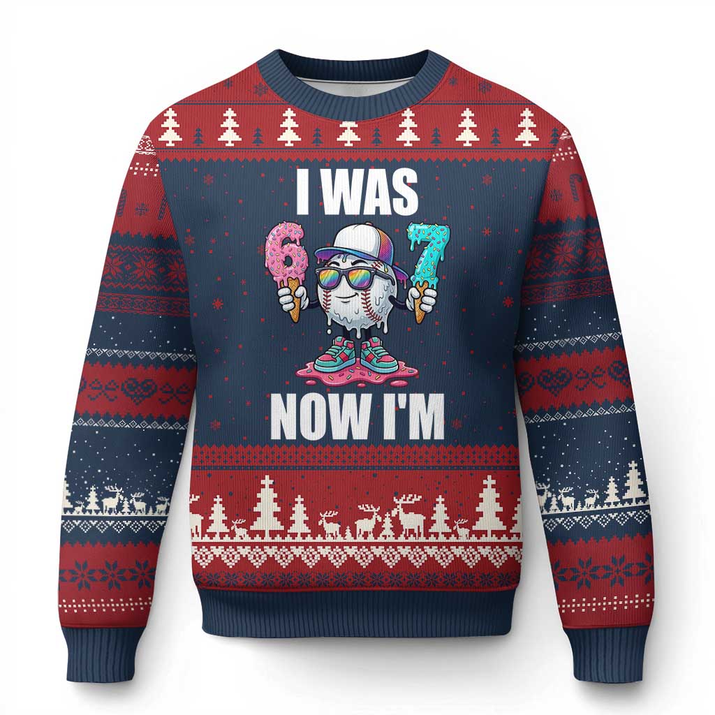 I Was 6 Now I'm 7 Ugly Christmas Sweater Baseball Ice Cream Drip Number 67 Player TS14 Navy Red Print Your Wear