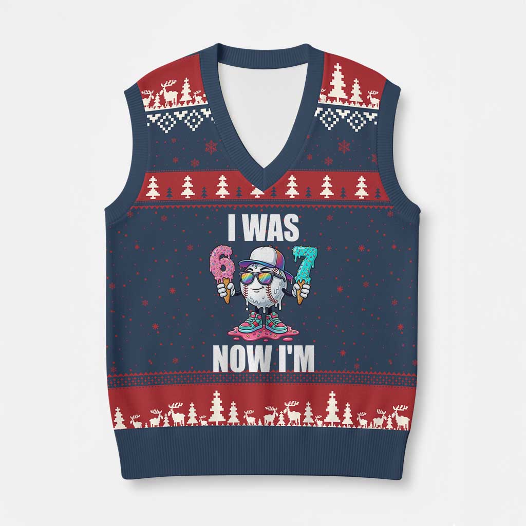 I Was 6 Now I'm 7 V-Neck Knit Sweater Vest Baseball Ice Cream Drip Number 67 Player TS14 Navy Red Print Your Wear