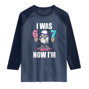I Was 6 Now I'm 7 Raglan Shirt Baseball Ice Cream Drip Number 67 Player TS14 Heather Denim Navy Print Your Wear