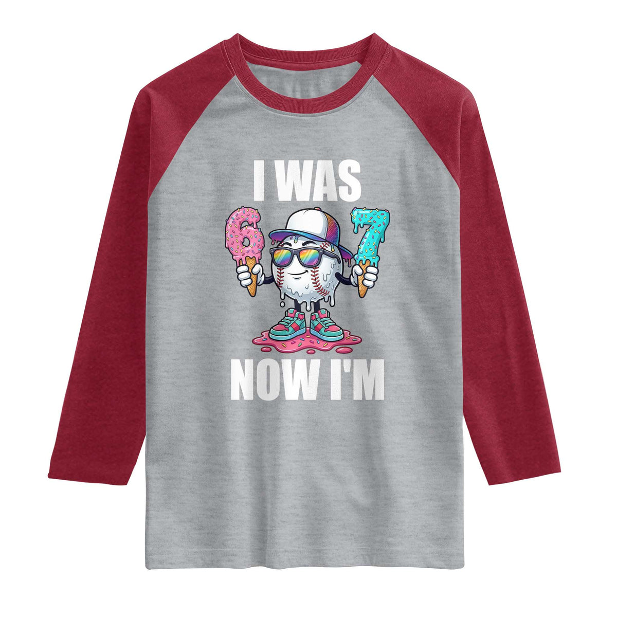 I Was 6 Now I'm 7 Raglan Shirt Baseball Ice Cream Drip Number 67 Player TS14 Heather Gray Heather Red Print Your Wear