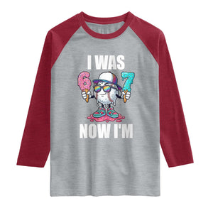 I Was 6 Now I'm 7 Raglan Shirt Baseball Ice Cream Drip Number 67 Player TS14 Heather Gray Heather Red Print Your Wear