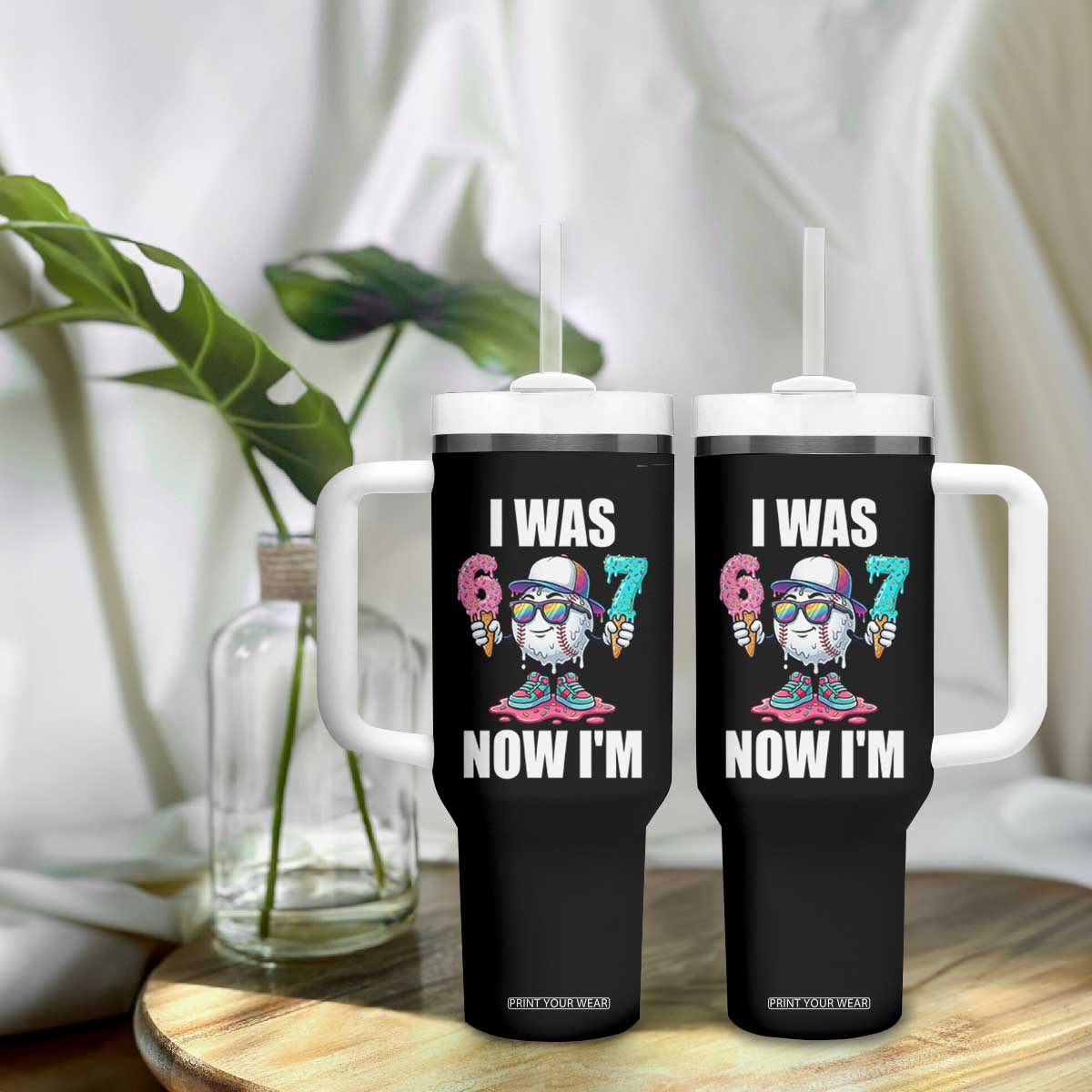 I Was 6 Now I'm 7 Tumbler With Handle Baseball Ice Cream Drip Number 67 Player TS14 Print Your Wear