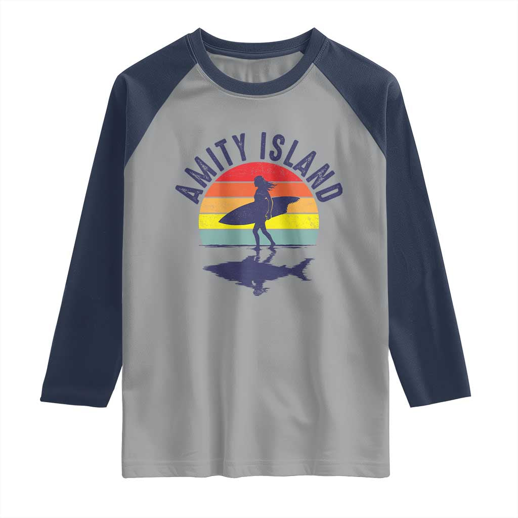 Amity Island Raglan Shirt Retro Surfing Board Humor TS14 Sport Gray Navy Print Your Wear