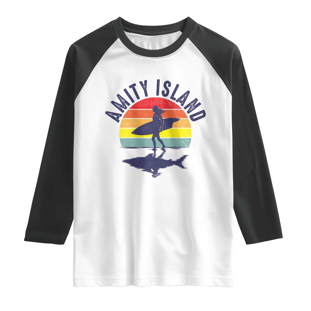 Amity Island Raglan Shirt Retro Surfing Board Humor TS14 White Black Print Your Wear