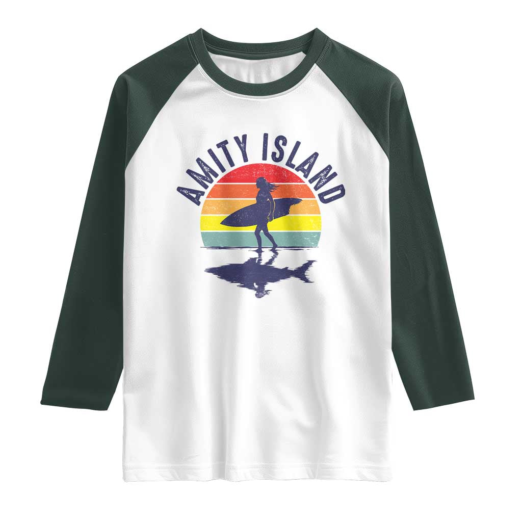 Amity Island Raglan Shirt Retro Surfing Board Humor TS14 White Dark Forest Green Print Your Wear