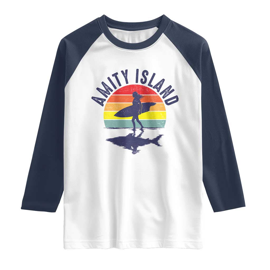 Amity Island Raglan Shirt Retro Surfing Board Humor TS14 White Navy Print Your Wear