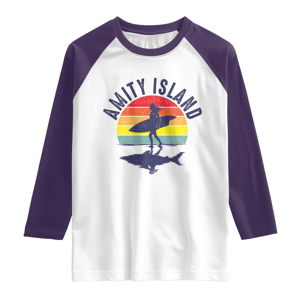 Amity Island Raglan Shirt Retro Surfing Board Humor TS14 White Purple Print Your Wear