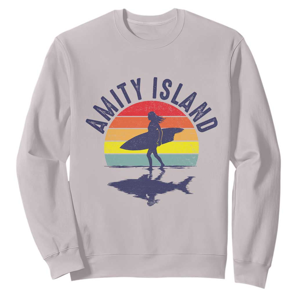 Amity Island Sweatshirt Retro Surfing Board Humor TS14 Ice Gray Print Your Wear