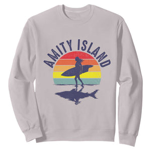 Amity Island Sweatshirt Retro Surfing Board Humor TS14 Ice Gray Print Your Wear