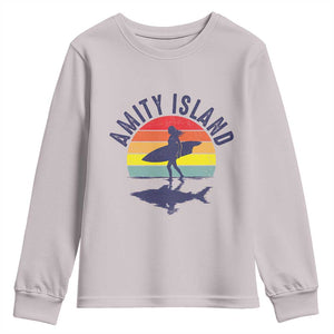 Amity Island Youth Sweatshirt Retro Surfing Board Humor TS14 Ice Gray Print Your Wear