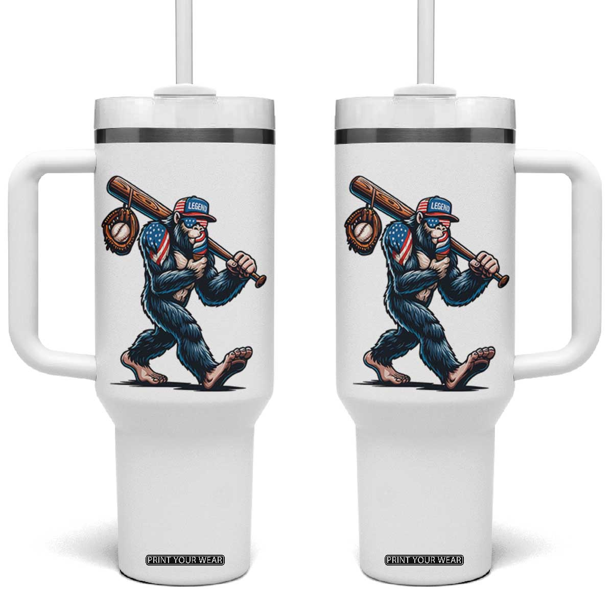 Funny Bigfoot Baseball Tumbler With Handle Sasquatch American Flag Ice Cream TS14 One Size: 40 oz White Print Your Wear