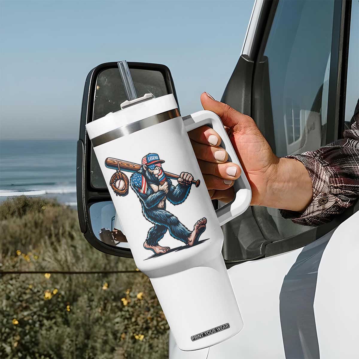 Funny Bigfoot Baseball Tumbler With Handle Sasquatch American Flag Ice Cream TS14 Print Your Wear