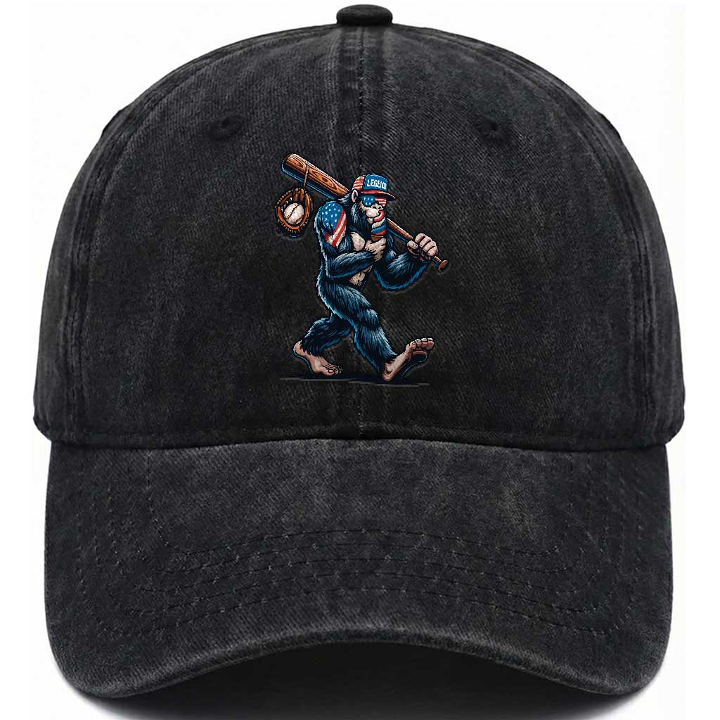 Funny Bigfoot Baseball Washed Cotton Baseball Cap Sasquatch American Flag Ice Cream TS14 Washed Cap Universal Fit Black Print Your Wear