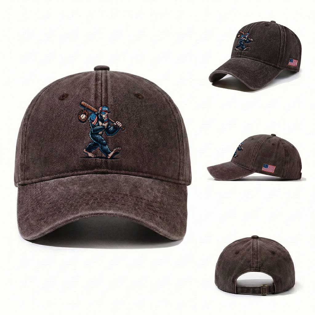 Funny Bigfoot Baseball Washed Cotton Baseball Cap Sasquatch American Flag Ice Cream TS14 Washed Cap Universal Fit Dark Brown Print Your Wear