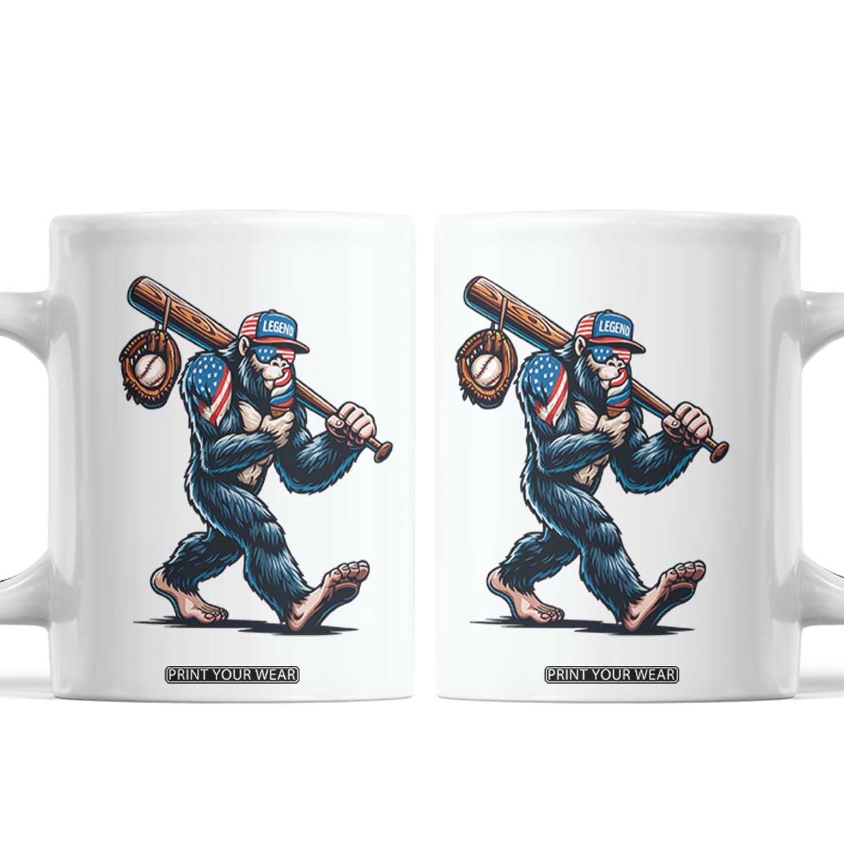 Funny Bigfoot Baseball Coffee Mug Sasquatch American Flag Ice Cream TS14 White Print Your Wear
