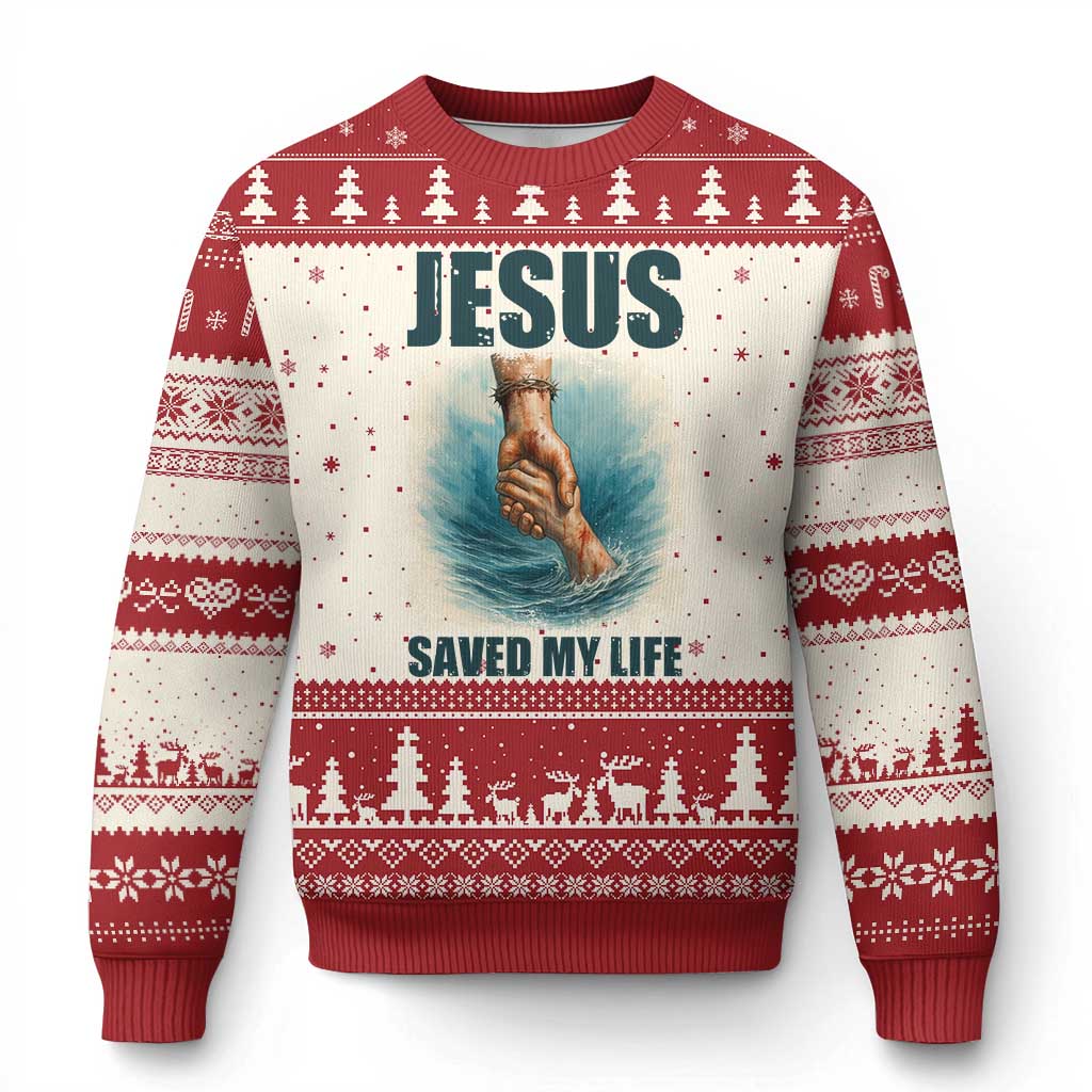 Jesus Saved My Life Ugly Christmas Sweater Christian Bible Verse TS14 Beige Red Print Your Wear