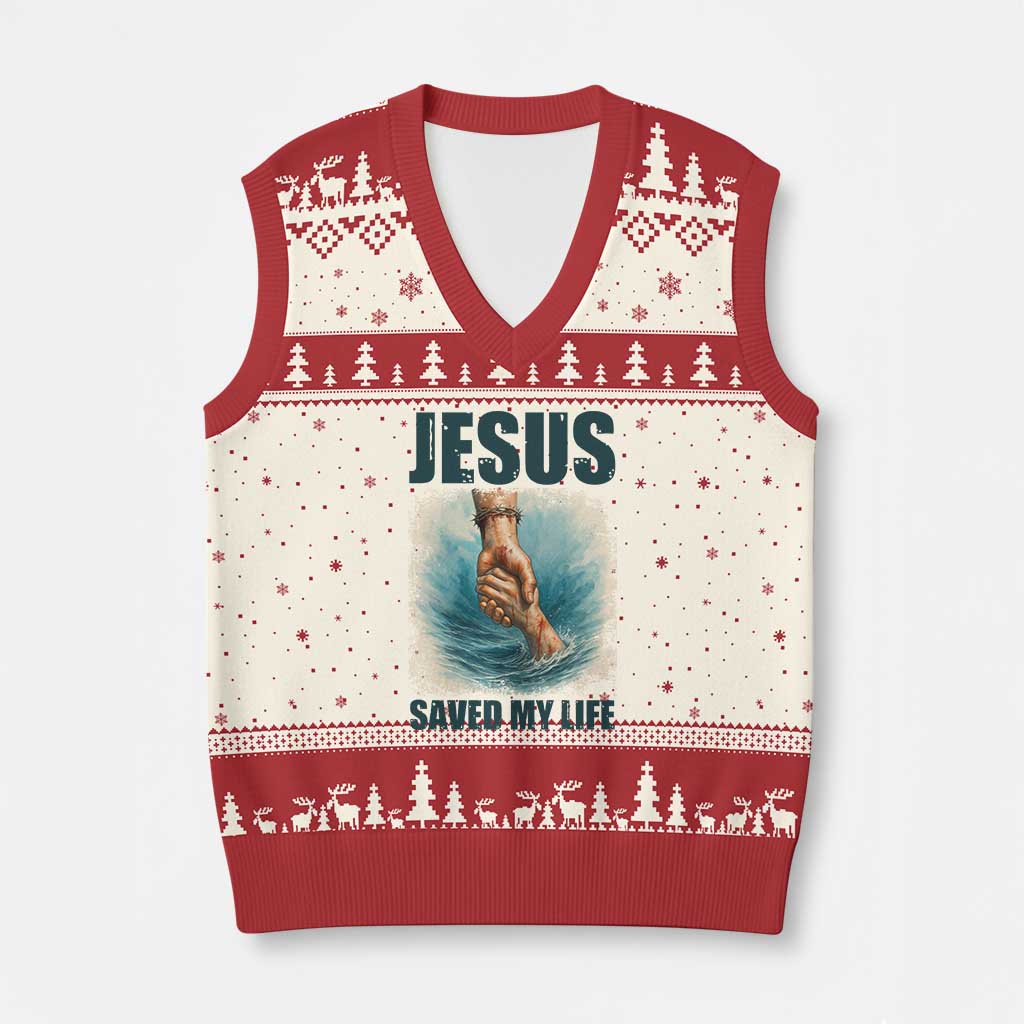 Jesus Saved My Life V-Neck Knit Sweater Vest Christian Bible Verse TS14 Beige Red Print Your Wear