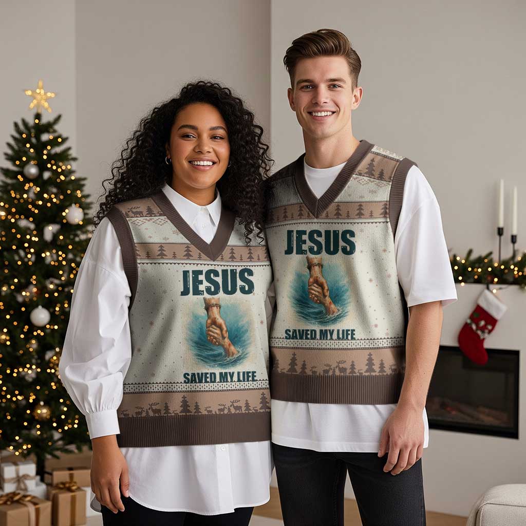 Jesus Saved My Life V-Neck Knit Sweater Vest Christian Bible Verse TS14 Mocha Mousse Print Your Wear