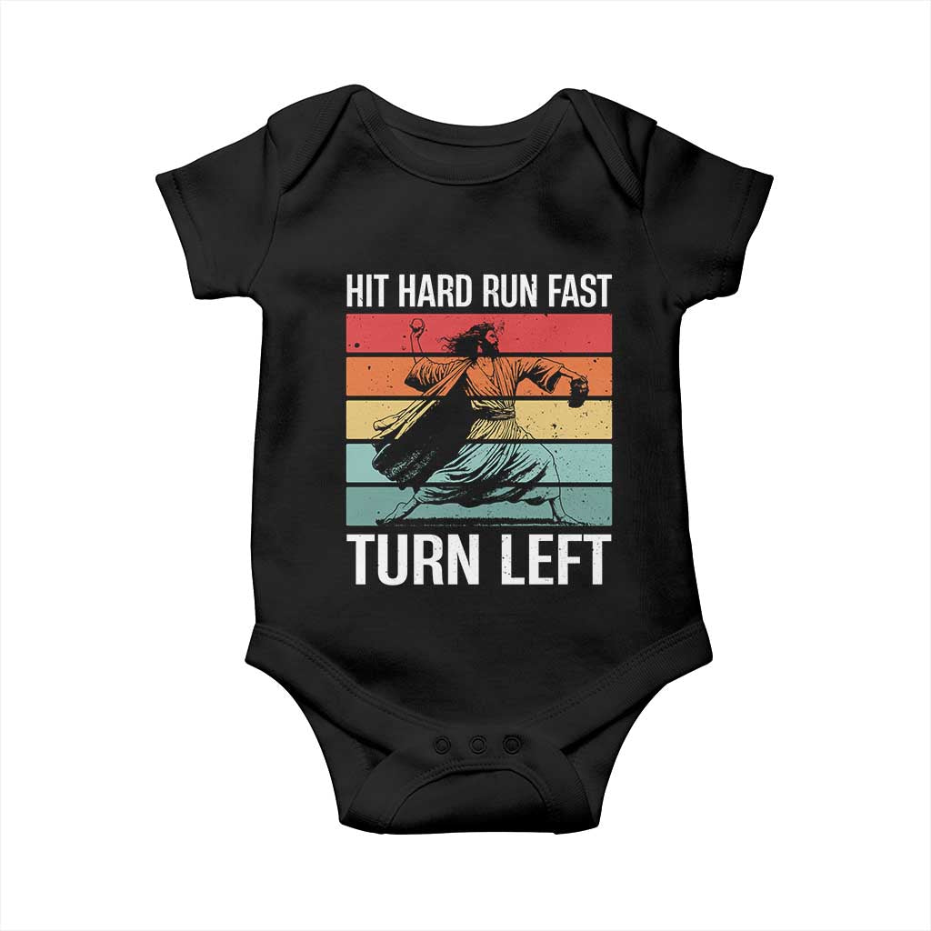 Hit Hard Run Fast Turn Left Baby Onesie Funny Jesus Baseball Player TS14 Black Print Your Wear