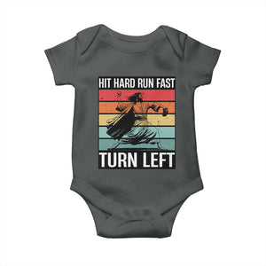 Hit Hard Run Fast Turn Left Baby Onesie Funny Jesus Baseball Player TS14 Dark Heather Print Your Wear