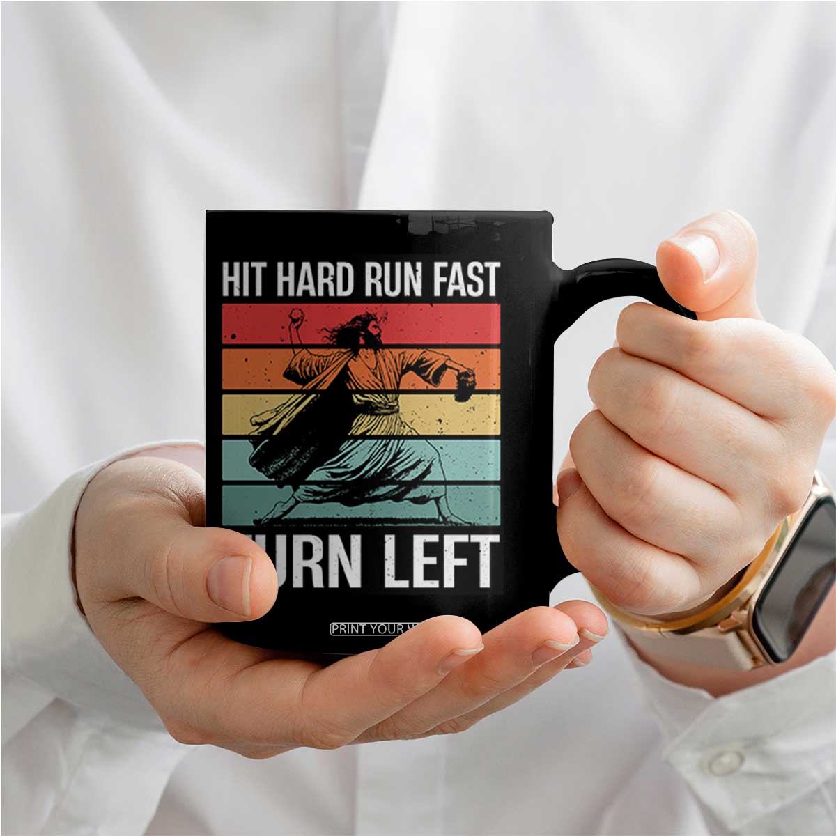 Hit Hard Run Fast Turn Left Coffee Mug Funny Jesus Baseball Player TS14 Print Your Wear