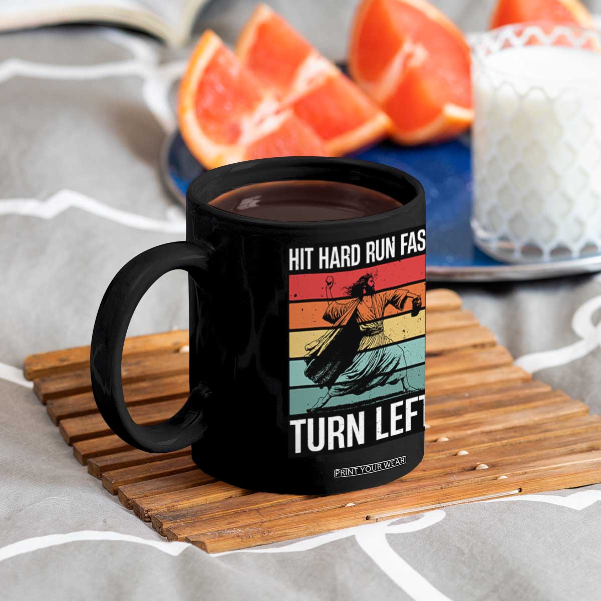 Hit Hard Run Fast Turn Left Coffee Mug Funny Jesus Baseball Player TS14 Print Your Wear