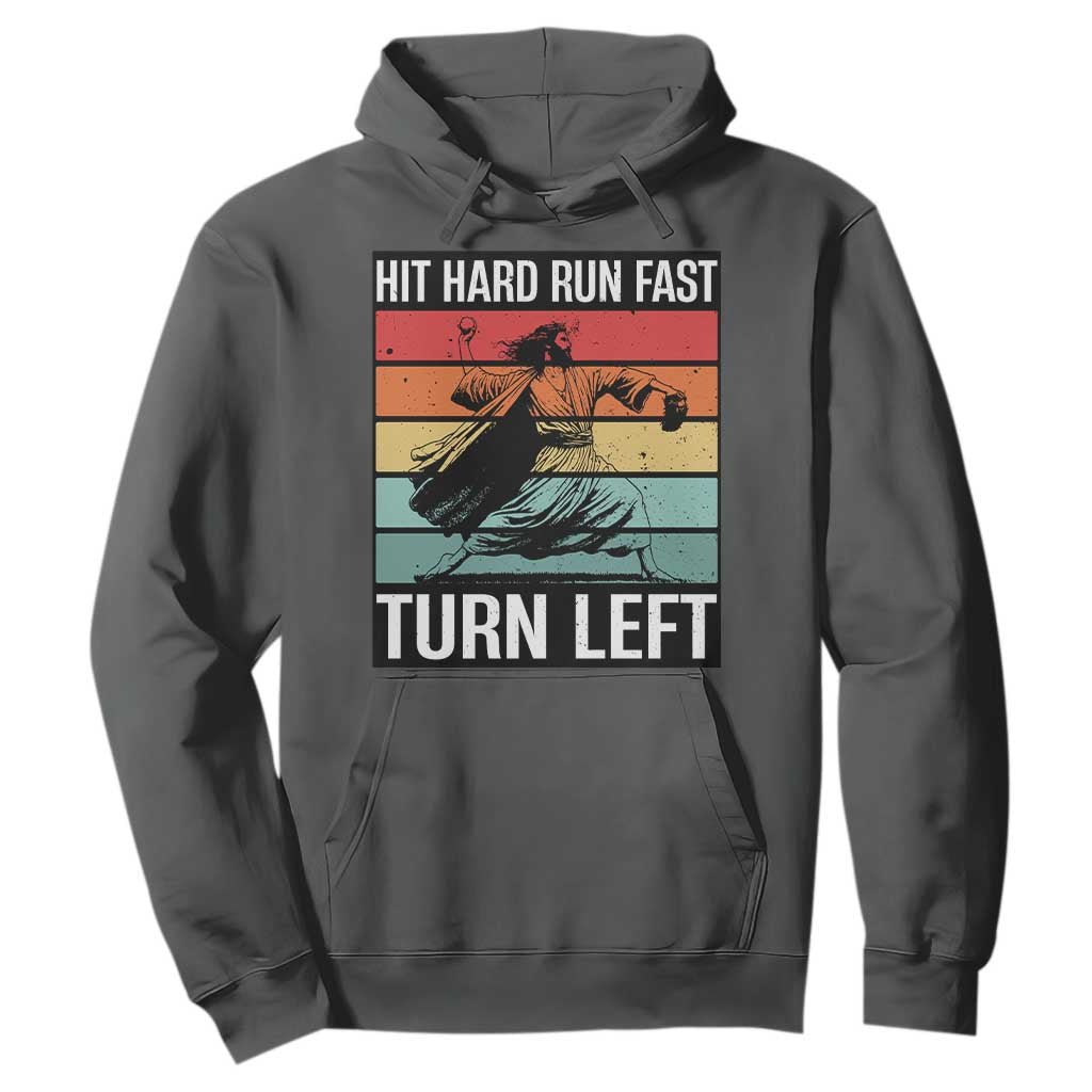 Hit Hard Run Fast Turn Left Hoodie Funny Jesus Baseball Player TS14 Dark Heather Print Your Wear