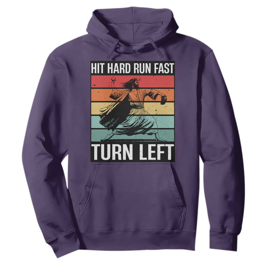 Hit Hard Run Fast Turn Left Hoodie Funny Jesus Baseball Player TS14 Purple Print Your Wear