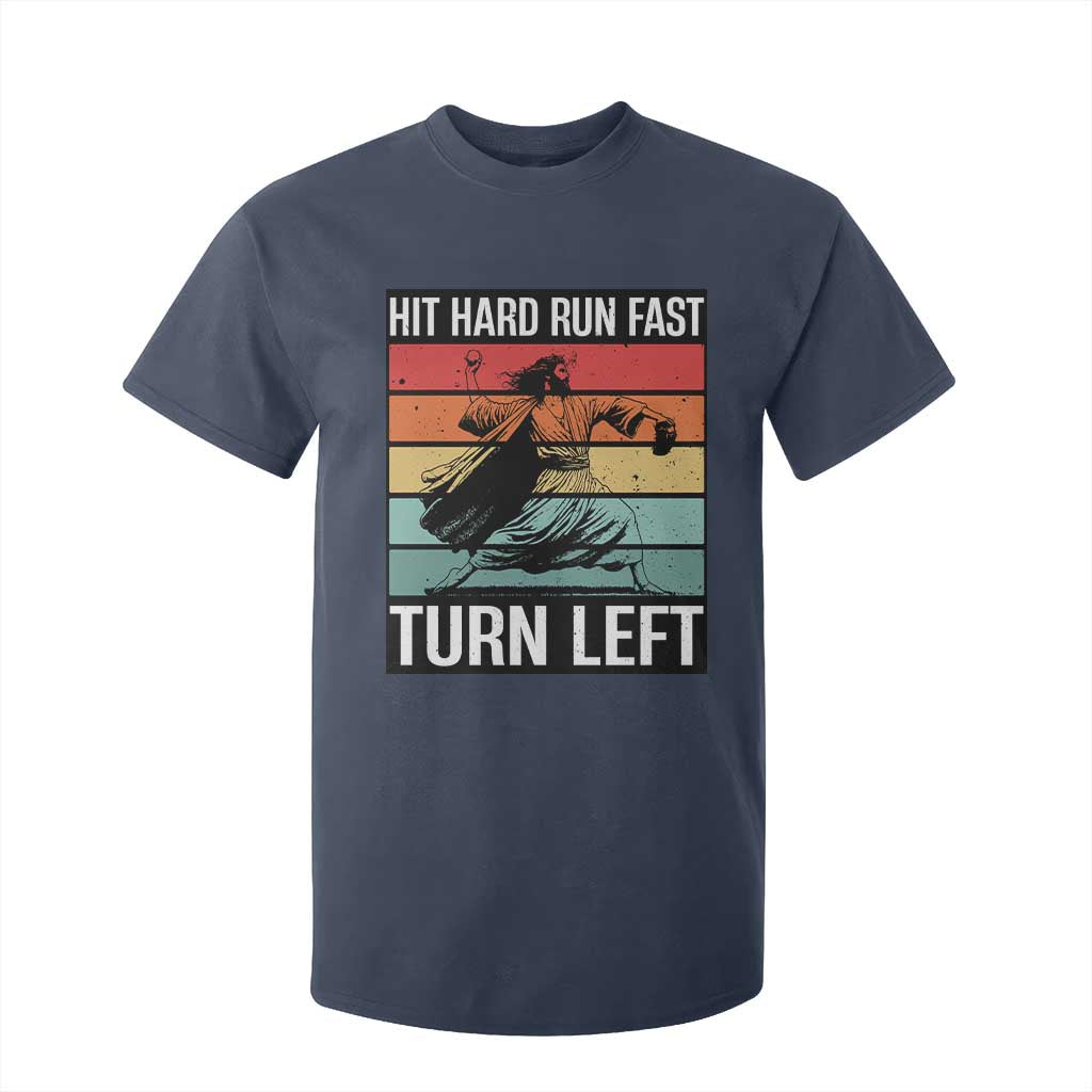 Hit Hard Run Fast Turn Left T Shirt For Kid Funny Jesus Baseball Player TS14 Navy Print Your Wear