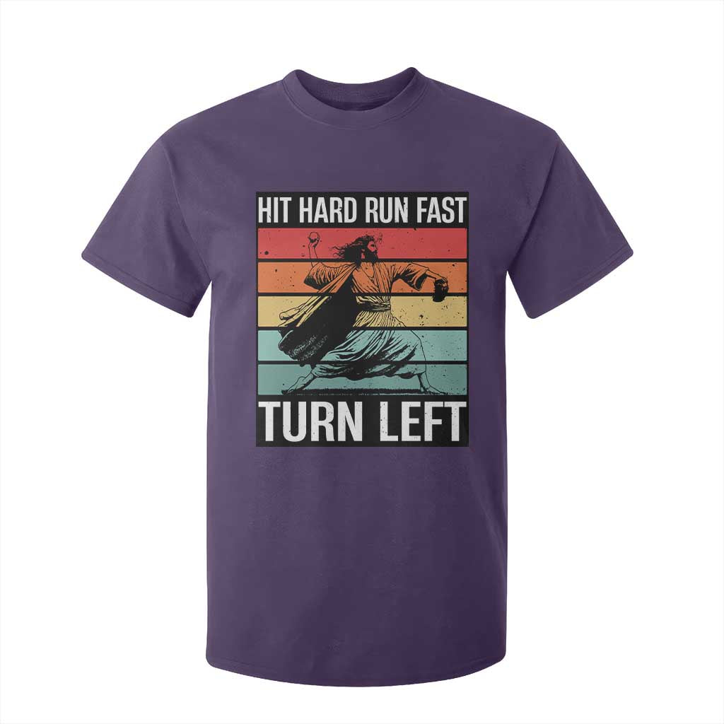 Hit Hard Run Fast Turn Left T Shirt For Kid Funny Jesus Baseball Player TS14 Purple Print Your Wear