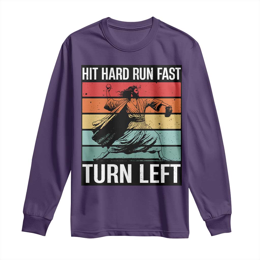 Hit Hard Run Fast Turn Left Long Sleeve Shirt Funny Jesus Baseball Player TS14 Purple Print Your Wear