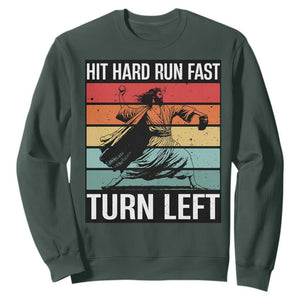 Hit Hard Run Fast Turn Left Sweatshirt Funny Jesus Baseball Player TS14 Dark Forest Green Print Your Wear