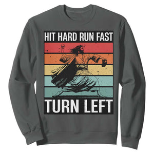 Hit Hard Run Fast Turn Left Sweatshirt Funny Jesus Baseball Player TS14 Dark Heather Print Your Wear