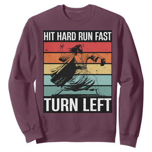 Hit Hard Run Fast Turn Left Sweatshirt Funny Jesus Baseball Player TS14 Maroon Print Your Wear