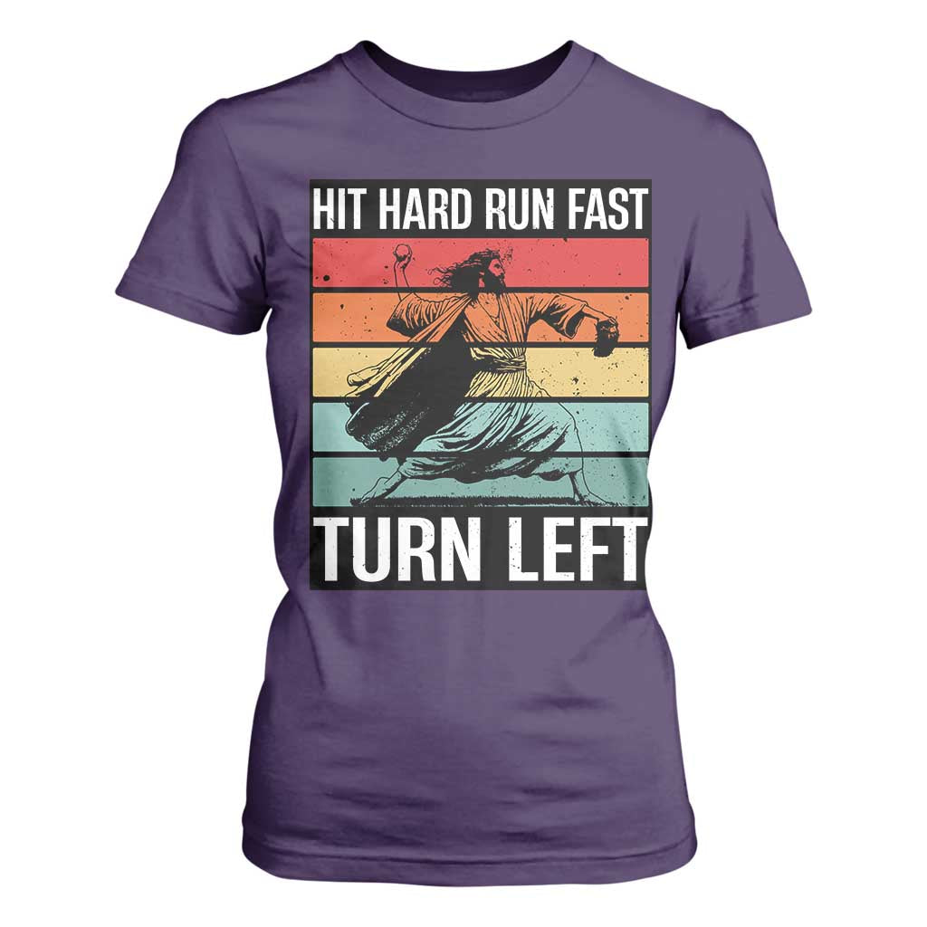 Hit Hard Run Fast Turn Left T Shirt For Women Funny Jesus Baseball Player TS14 Purple Print Your Wear