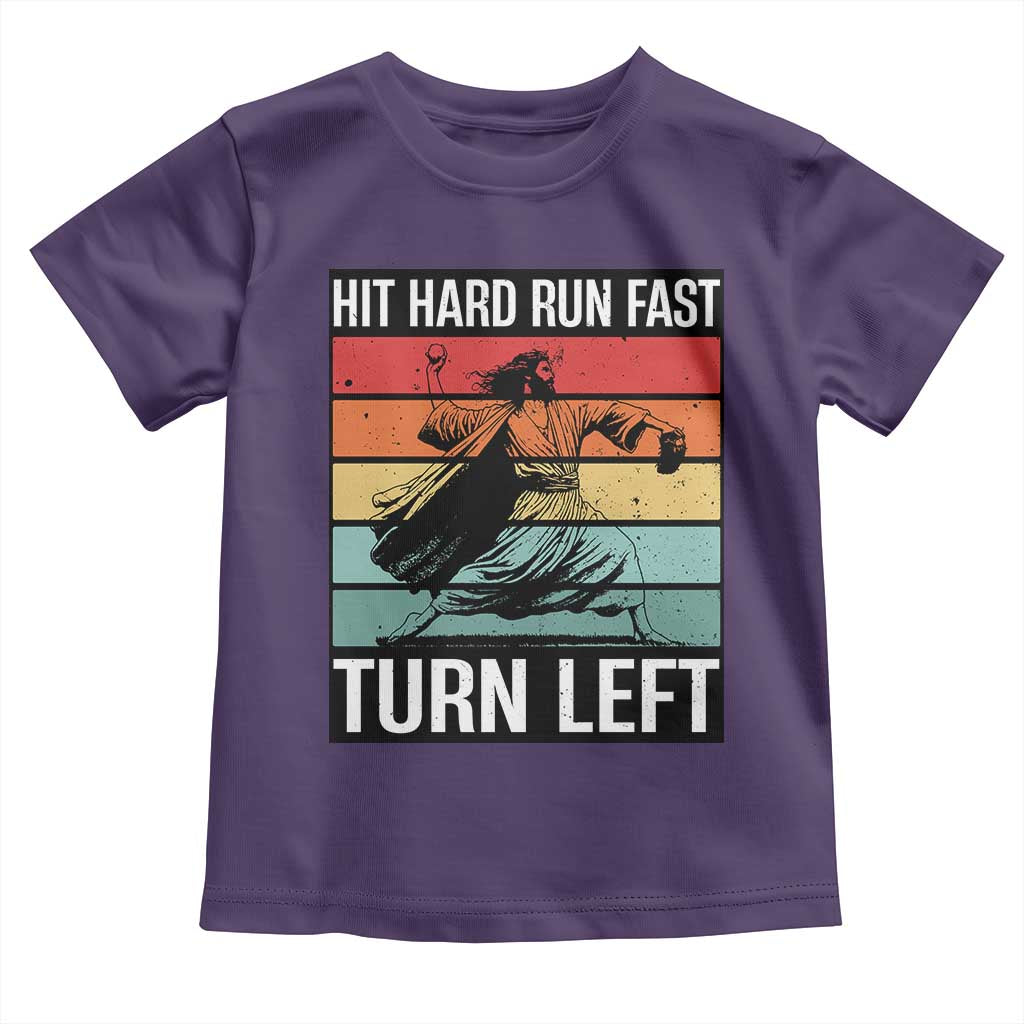 Hit Hard Run Fast Turn Left Toddler T Shirt Funny Jesus Baseball Player TS14 Purple Print Your Wear