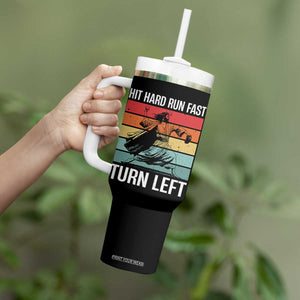 Hit Hard Run Fast Turn Left Tumbler With Handle Funny Jesus Baseball Player TS14 Print Your Wear