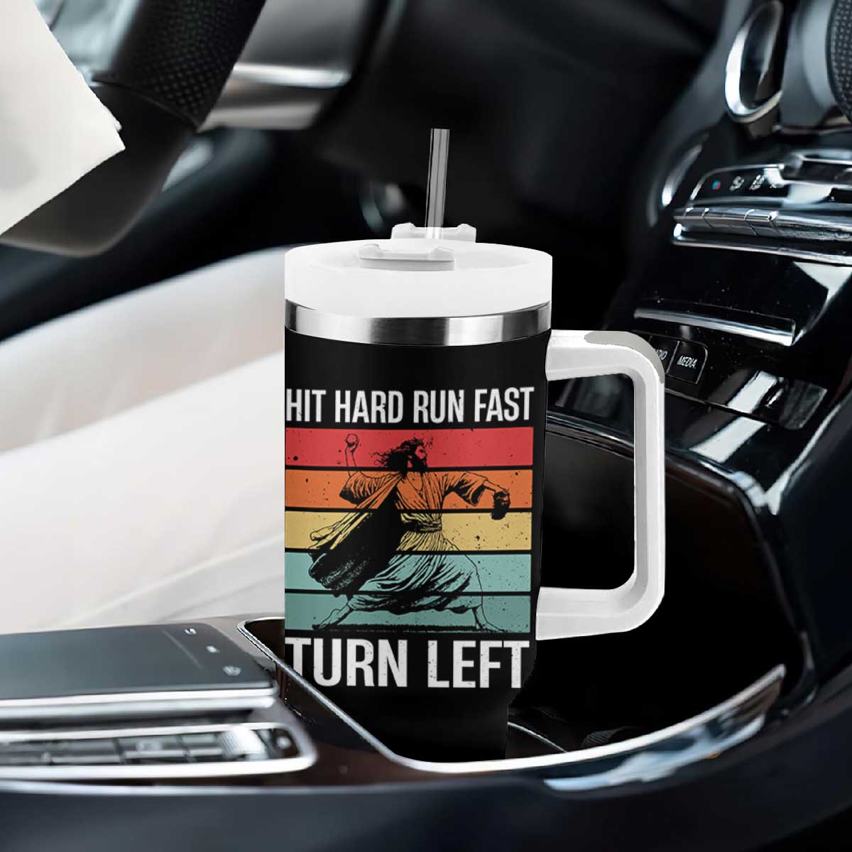 Hit Hard Run Fast Turn Left Tumbler With Handle Funny Jesus Baseball Player TS14 Print Your Wear
