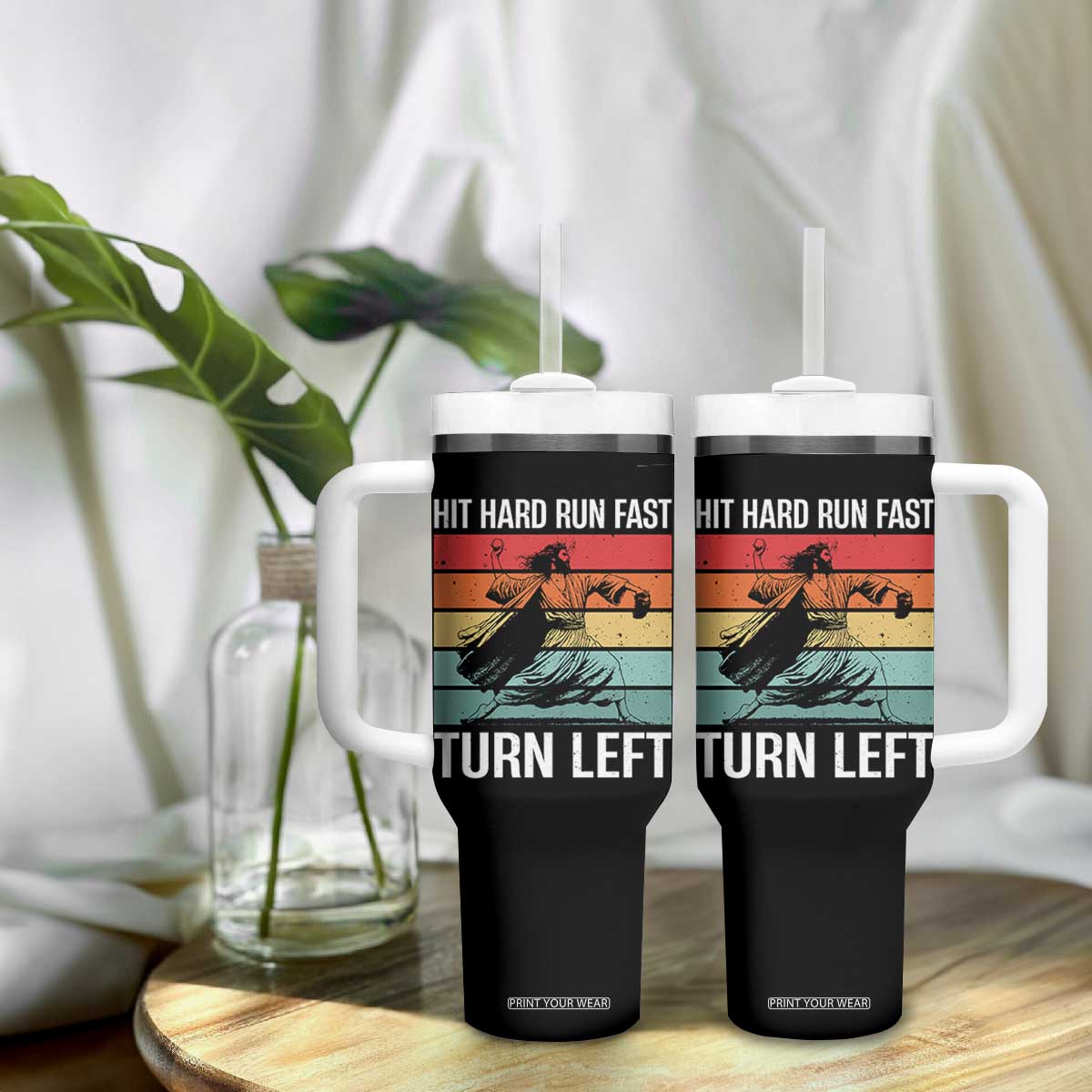 Hit Hard Run Fast Turn Left Tumbler With Handle Funny Jesus Baseball Player TS14 Print Your Wear