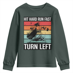 Hit Hard Run Fast Turn Left Youth Sweatshirt Funny Jesus Baseball Player TS14 Dark Forest Green Print Your Wear