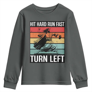 Hit Hard Run Fast Turn Left Youth Sweatshirt Funny Jesus Baseball Player TS14 Dark Heather Print Your Wear
