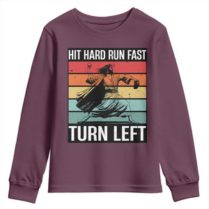 Hit Hard Run Fast Turn Left Youth Sweatshirt Funny Jesus Baseball Player TS14 Maroon Print Your Wear